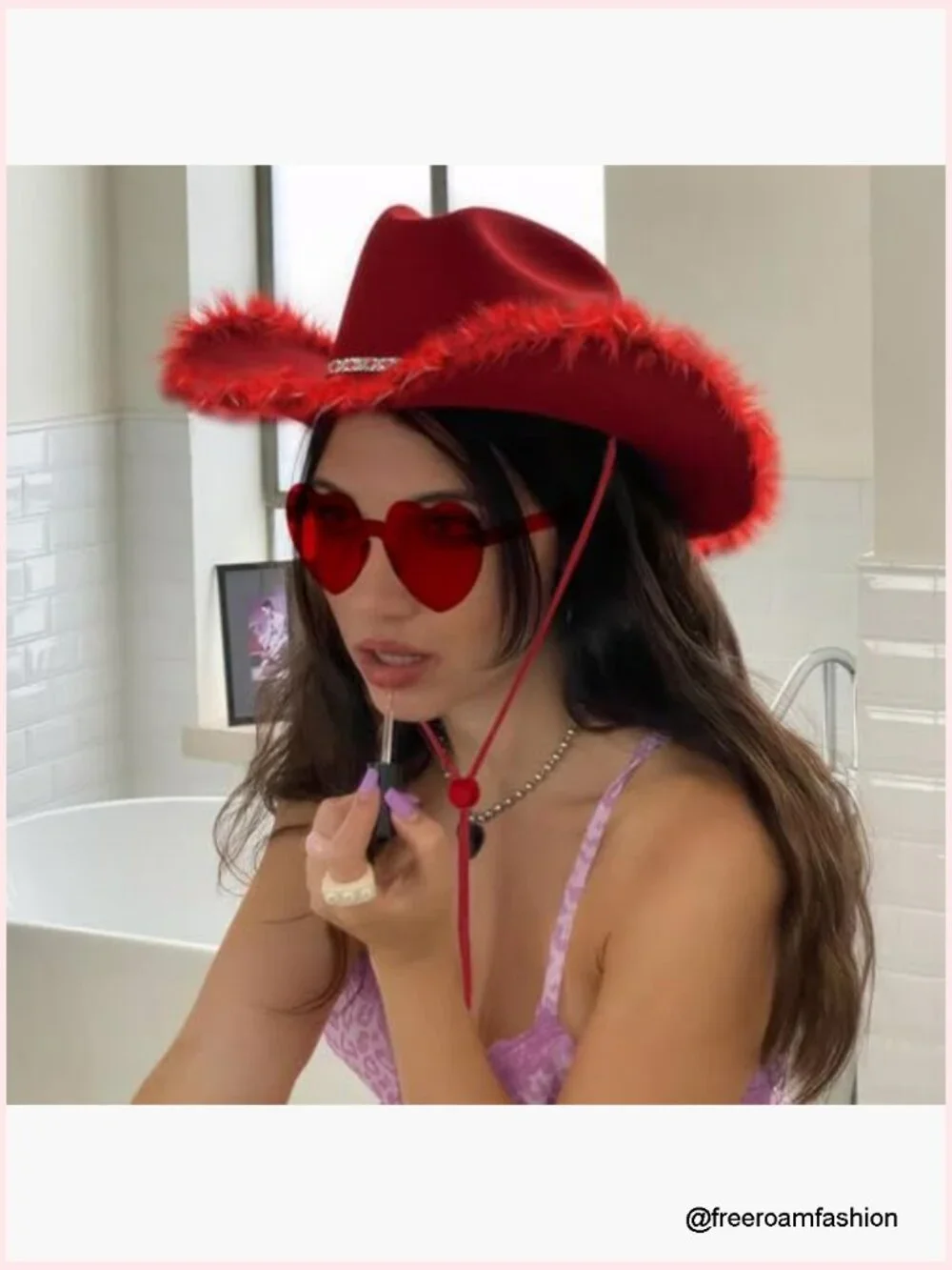 Cowgirl Hat with Feather Boa Brim & Heart Sunglasses Set